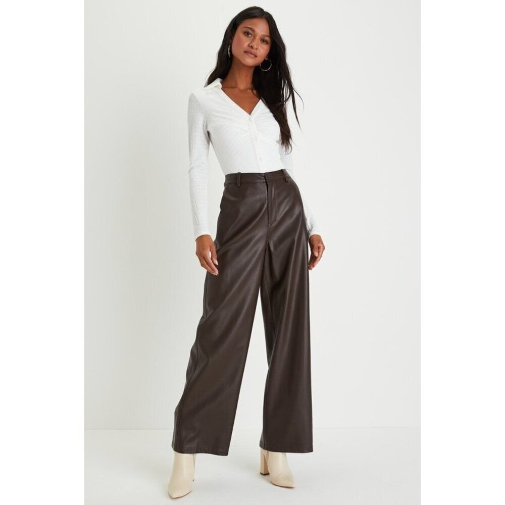 Lulus Posh Era Dark Brown Vegan Leather High-rise Wide-leg Pants